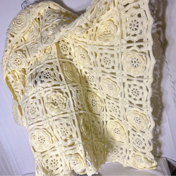 Vintage Handmade Cream Crochet Lace Granny Square Flower Afghan Blanket - Picture 12 of 14